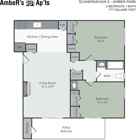 Floor plan for 2 beds, 1 bath, 777 sqft